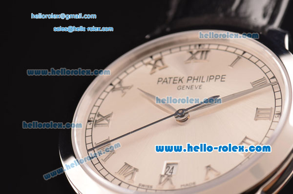 Patek Philippe Calatrava Swiss ETA 2824 Automatic Stainless Steel Case with Black Leather Strap and White Dial Roman Markers - Click Image to Close